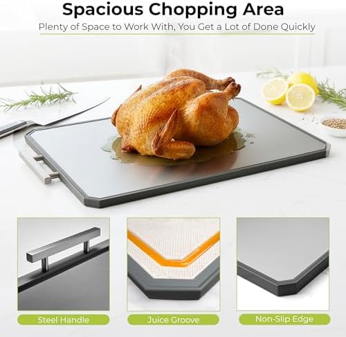Freshware Titanium Cutting Board for Kitchen, Doble Sided and Non Slip Cutting Boards with Handle, Pure Titanium/PP, Chopping Board with Juice Grooves, Dishwasher Safe, Large 16.2" by 11"