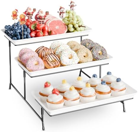 Bumusty 3-Tier Melamine Serving Tray Set, 14 x 7 in, Black Stand