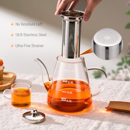 PARACITY 44oz Glass Teapot with Infuser, Stovetop Tea Pot with Scale, Clear