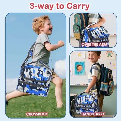 FlowFly Kids Double Decker Cooler Insulated Lunch Bag Large Tote for Boys, Girls, Men, Women, With Adjustable Strap, Blue Camo