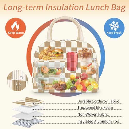 Coobiiya Lunch Bag Lunch Box for Women Men, Reusable Cute Corduroy Lunchbag - Leakproof, Insulated LunchBox Tote with Large Capacity, Dot