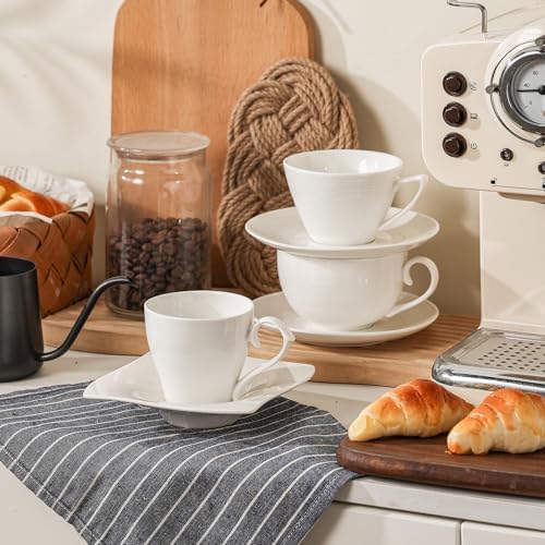 12 oz Cappuccino Cups with Saucers, Ceramic Coffee Cups Set of 4, White Latte Cup and Saucer, Elegant Tea Mugs Set, Microwave Dishwasher Safe Drinkware for Cafe, Housewarming Gift