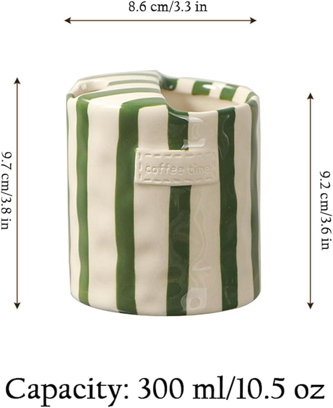 Ceramic Coffee 10oz Mug Hand-Painted Espresso Cup，Retro Ceramic Travel Mug For Kitchen, Dining-Green，Microwave Safe (Green Stripes)