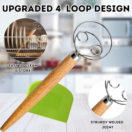 BOORIKA Danish Dough Whisk – Sourdough Mixing Tool with Dough Scraper. Danish Whisk for Baking, Mixing Thick Dough, Bread Making, Pastry, Cookies, Pizza, Batter & More