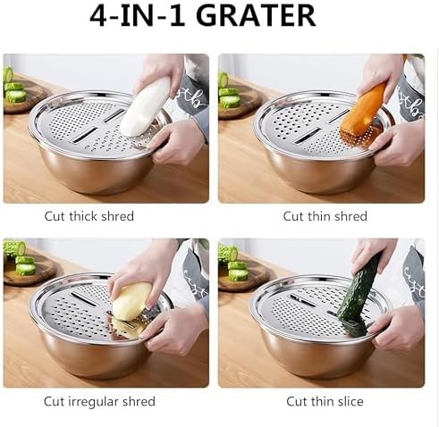 Multifunctional Stainless Steel Basin, Germany 3 In 1 Grater Strainer Vegetable Cutter with Drain Basket Salad Maker Bowl for Kitchen 10.5 inch