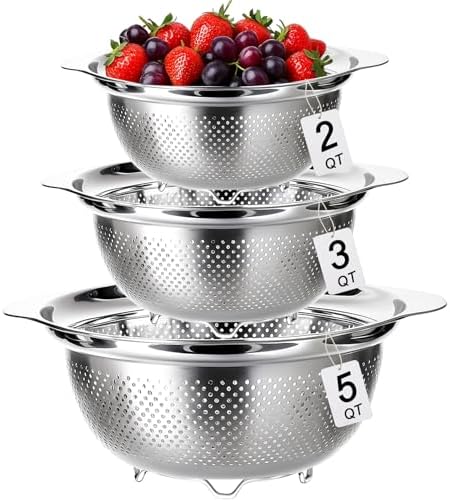 3 Pcs Stainless Steel Colander Set for Kitchen, Metal Food Pasta Strainers