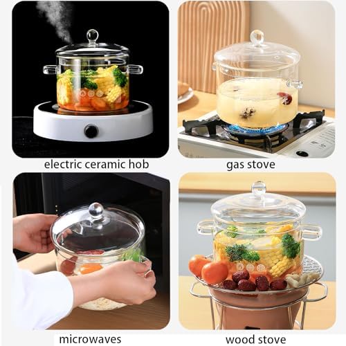 Glass Cooking Pot -1.9L/64oz,Glass Simmer Pot for Stovetop Heat Resistant Borosilicate,Clear Saucepan for for Pasta, Noodles, Soup, Cereals, Fruit