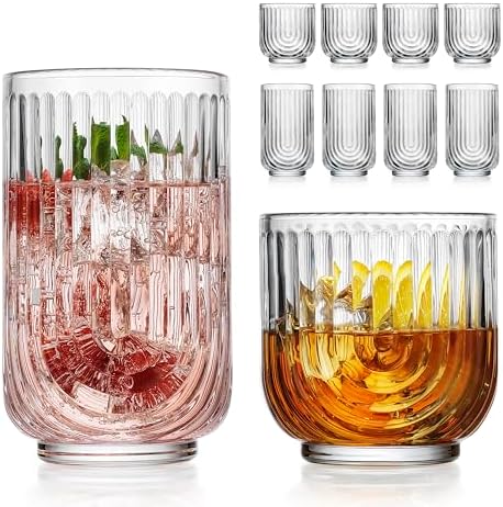 Glaver's 8-Piece Drinking Glass Set, Art Deco Ribbed Arch Glassware, Clear U-Shape Design, 17oz Highball and 11oz DOF Glasses Kitchen Glasses