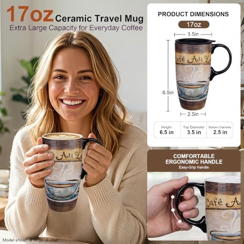 Topadorn 17oz Ceramic Travel Mug with Lid, French Café Coffee Mug with Handle, Vintage Latte Cup for Coffee Tea Cocoa, Microwave & Dishwasher Safe, Gift Box Included