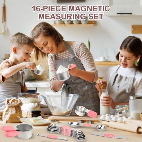 16-Piece Magnetic Measuring Cups and Spoons Set, Stainless Steel, Pink