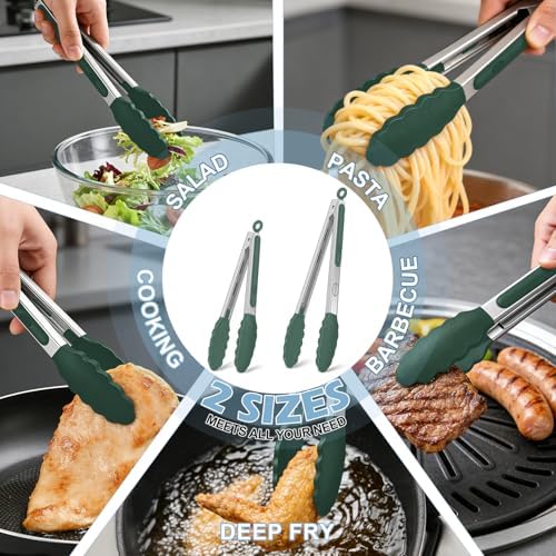 TACGEA Stainless Steel Kitchen Tongs with Silicone Tips, Locking Grilling Food Tongs, 9" and 12", Set of 2 Dark Green
