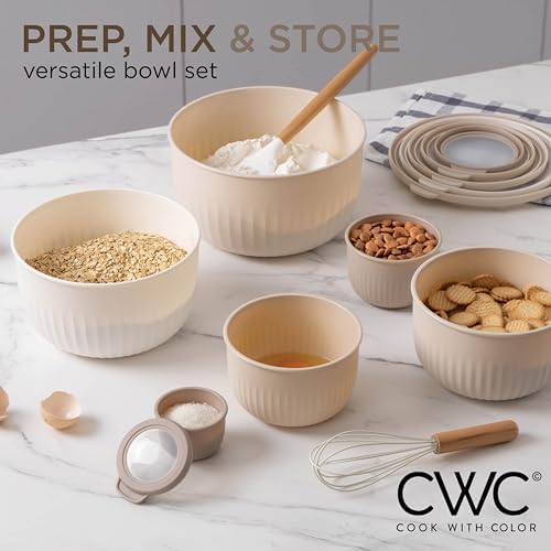 COOK WITH COLOR Prep Bowls with Lids- Wide and Deep Nesting Plastic Small Mixing Bowl Set with Lids, 12 Piece Set - Deep Bowls, Brown