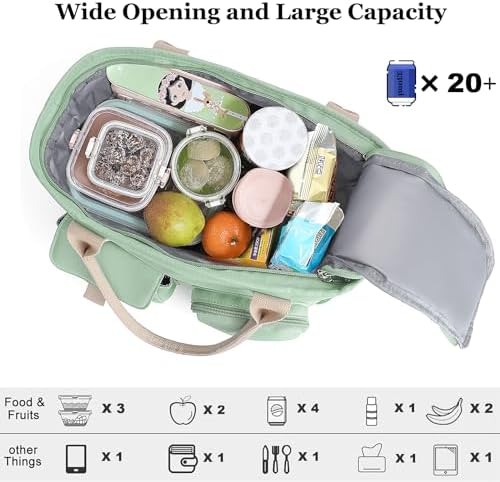 Hafmall Large Lunch Box for Women, Insulated Lunch Bag, Wide Opening, Green