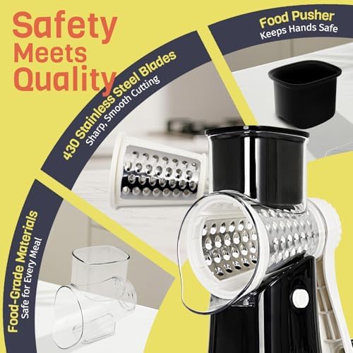 5-in-1 Rotary Cheese Grater Hand Crank, Vegetable Slicer Shredder with 5 Interchangeable Blades, Graters for Kitchen, Safe Kitchen Tool for Cheese, Nuts, Chocolate, Black