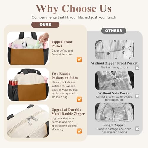 KUBYA Lunch Box for Women, Cute Grids Corduroy Insulated Lunch Bag Women Reusable Work Simple Adults Large Lunch Boxes Tote Bag Men Cooler Bag