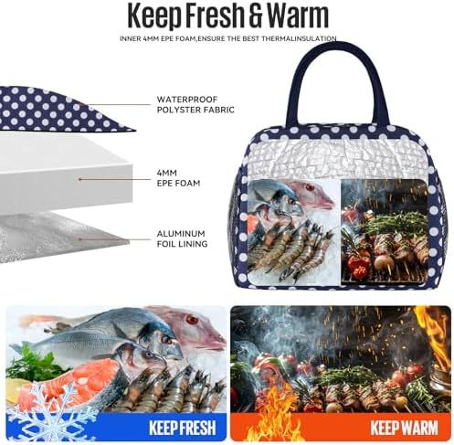 douyadady Lunch Bag Women/Men Lunch Box Women/Men (Blue+White dots)