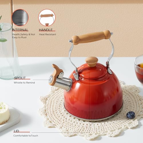 ROCKURWOK Tea Kettle 1.6 Qt Tea Kettles Stovetop Whistling Fast Boil, Red