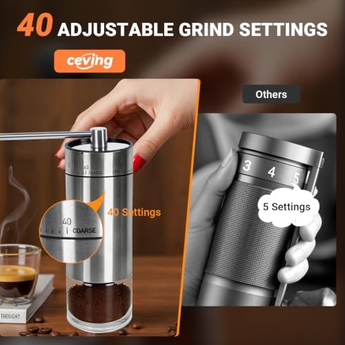 CEVING Mini Manual Coffee Grinder With 40 Adjustable Settings, Silver