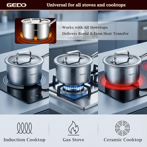GEDO 3-Ply 304 Stainless Steel Saucepan with Lid, One-Piece Rivet-Free & Seamless Design, Angled Spout & Heat-Resistant Handle, Universal Stovetop Compatible for Indoor Cooking (6.3in / 16cm Size)