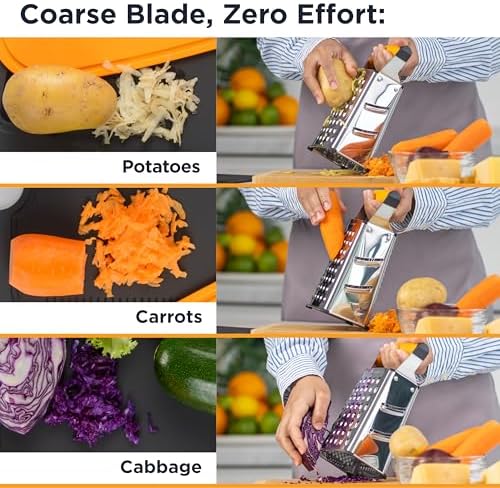 Deiss PRO Box Grater & Cheese Graters for Kitchen - Stainless Steel Cheese Grater and Food Shredder, 4 Sided Hand Grater for Block Cheese, Vegetables Non-Slip Base, Dishwasher Safe
