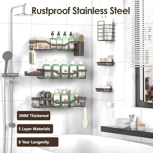 NESOMI Shower Caddy Adhesive Shower Organizer 8-Pack, Rustproof Stainless Steel Bathroom Shelves, Large Capacity No-Drill Rack Storage Accessories with Soap Dish Toothbrush Holder Hooks