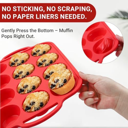 Redfly Silicone Muffin Pans for Baking 12 Cup with Metal Reinforced Frame, Nonstick 2Pack Regular Size Cupcake Pan, BPA Free Food Grade, Easy Release, Dishwasher Oven Freezer Safe for Egg Bite Molds