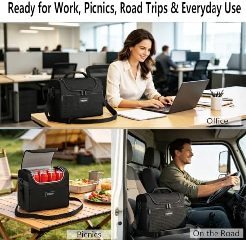 Large Insulated Lunch Bag for Women & Men, 12.10L Reusable Lunch Cooler Tote with Ice Pack, Adult Lunch Box with Side Mesh Pocket, Portable Lunch Bag for Work, Office, Travel & Picnic, Black