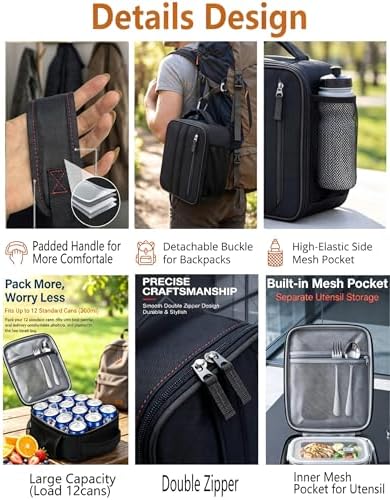 Lunch Box Insulated Lunch bag for Men Teen Kids Boys Adult Portable Stylish Small Lunchbox Special Design for Working Office school Picnic (Black 6L(Without Shoulder Straps))