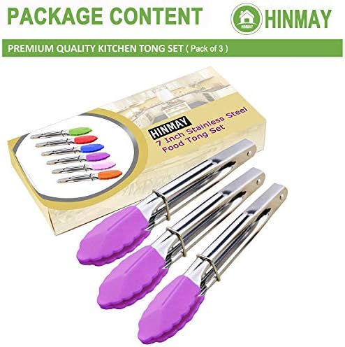 HINMAY 7-Inch Stainless Steel Tongs with Silicone Tips, Set of 3 (Purple)