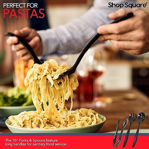 18 Pcs Black Plastic Serving Utensils Set – Heavy Duty Disposable Serving Spoons, Forks & Tongs | 10″ Serving Spoons for Buffet, Party, Catering, Wedding | Reusable, BPA-Free (Pack of 3)