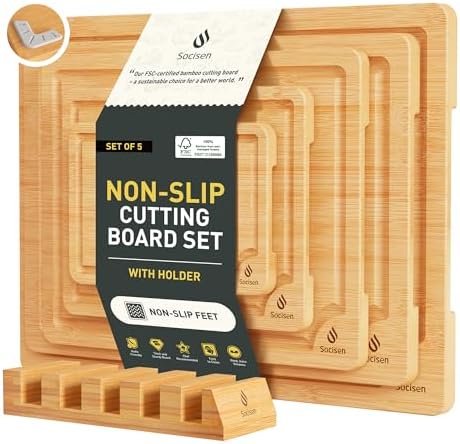 5 Packs Bamboo Cutting Board Set with Non Slip Feet Holder and Over Sink Nice Solid Thick Wood Juice Groove Chopping Board Small Big Xl XXl xlarge Oversized Kitchen Counter Organic Vegetable Meat Kit