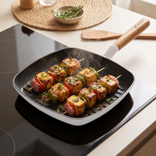 CUMIN CO. Enameled Cast Iron Grill Pan 10 Inch, 1.2 QT Grill Skillet – Non Toxic PFAS Free Cookware – Indoor Grill Pan for Steak, Chicken, Burgers & Vegetables – Induction & Oven Safe (White)