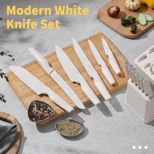 E-far Knife Set, 15-Piece Kitchen Knife Block Set with Sharpener, White