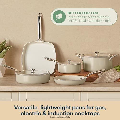 Pyrex 11-Inch Grill Pan Ceramic Cookware with Stainless Steel Handles