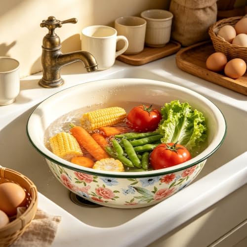 3 Pack Vintage Enamel Mixing Bowl, 11.8 Inch Large Farmhouse Retro Enamelware Basin 3.6 Quart Enamel Bowl Serving Tray for Fruit Salad Pasta Dough Making Camping Kitchen Farmhouse Decor