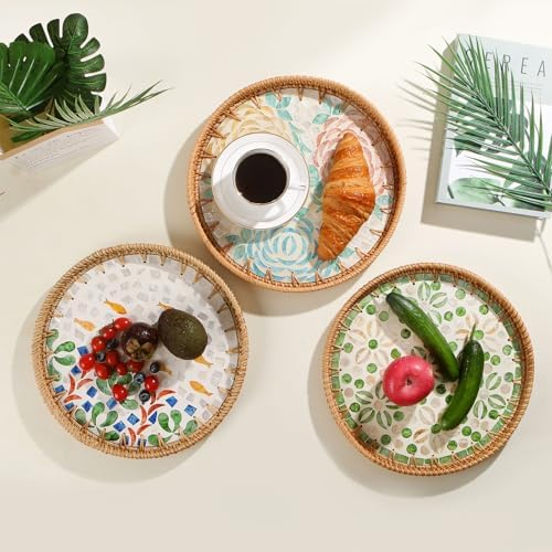 Round Rattan Tray with Mother of Pearl Inlay, Wooden Base
