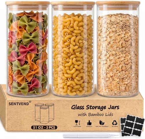 SENTVEND 51 Oz Glass Jars - 3 Pack Food Storage Containers with Lids Square