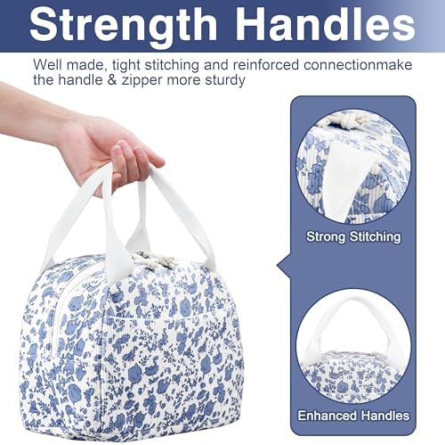 TESAFNG Lunch Bag - Insulated Lunch Box for Women, Reusable Large Capacity Cooler Bag for Adult, Small Leakproof Cute Corduroy Lunch Tote for Work Office Travel Picnic (Corduroy Navy Blue-Flower)