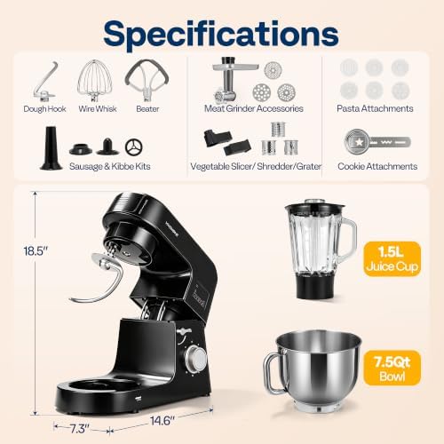 VIVOHOME 9-in-1 Stand Mixer with Fermentation & Timer, 7.5-Quart, Black