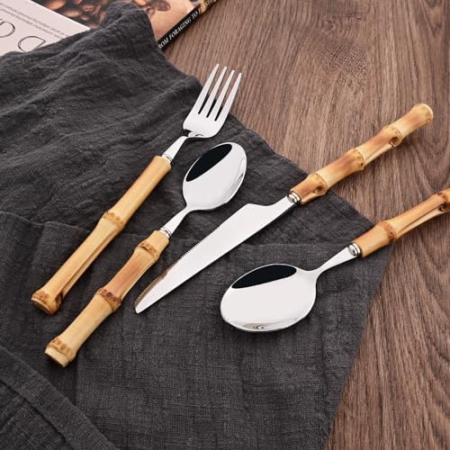50PCS Silverware Set for 10, Bamboo Handle Flatware Set, Stainless Steel Cutlery Set for Home Restaurant and Party, Bamboo Forks Spoons and Knives Set, Polished Tableware