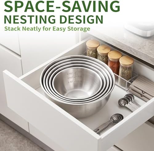 304 Stainless Steel Mixing Bowls Set of 5, 1.1/1.6/1.9/2.5/3.5 QT Food Grade Metal Bowls with Measurement Marks, Dishwasher Safe & Stackable Nesting for Baking, Salads, Meal Prep, RV & Camping