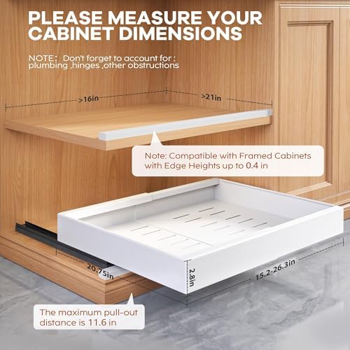 Seinloes 4 Pack Expandable Pull Out Cabinet Organizer 21"Deep With Raising Pad for Framed Cabinets,Upgrade 3 Slide Rails Slide Out Drawers,Roll Out Shelves Adhesive,Adjustable Width 15.15"-26.3" White