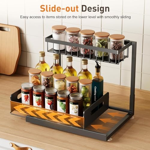 Under Kitchen Sink Organizer, Metal Pull Out Bathroom Organizers and Storage, 2-Tier Cabinet Organizer Shelf with Sliding Drawer, Home Organization for Kitchen, Laundry, Pantry, Black, 1 pack