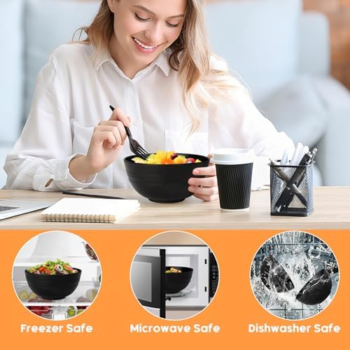 Unbreakable Cereal Bowls Set of 8, 26 Oz Wheat Straw Bowl Sets, Microwave & Dishwasher Safe Bowls for Kitchen, Reusable Plastic Bowl for Soup, Salad, Rice, Snack, BPA Free, Balck