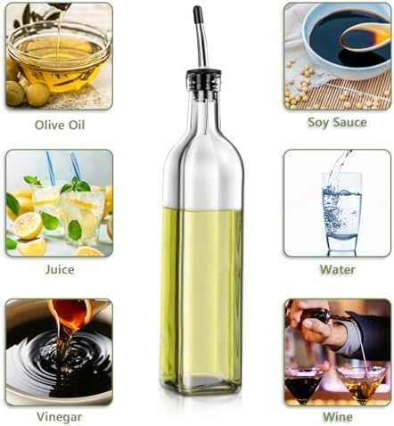 Leaflai Olive Oil Dispenser Bottle, 2 Pcs Glass Olive Oil Dispenser and Vinegar Dispenser Set with 2 Stainless Steel Pourers, 4 Labels,1 Brush and 1 Funnel Oil Bottles for Kitchen (500ml)