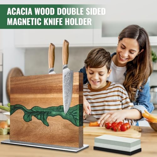 Magnetic Knife Block with Sharpening Stone and Stainless Steel Magnetic Knife Strip, Emojoy Double Side Magnetic Knife Holder, Acacia Wood Knife Block and Green Resin