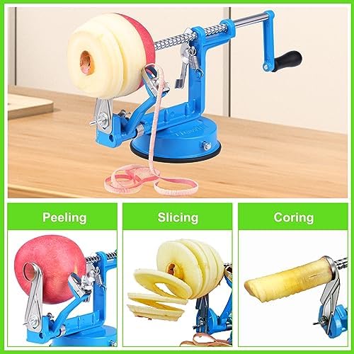 Apple Peeler Corer, Long lasting Chrome Cast Magnesium Alloy Apple Peeler Slicer Corer with Stainless Steel Blades and Powerful Suction Base for Apples and Potato(Lake Blue)