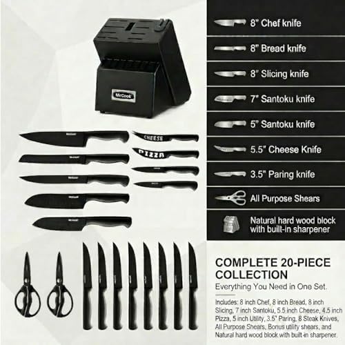 McCook® Premium Black Knife Sets,German Stainless Steel Kitchen Knives Block Set with Built-in Sharpener, 20-Piece Razor-Sharp Kitchen Knives with Ergonomic Handles, Elegant Box for Gift, Black