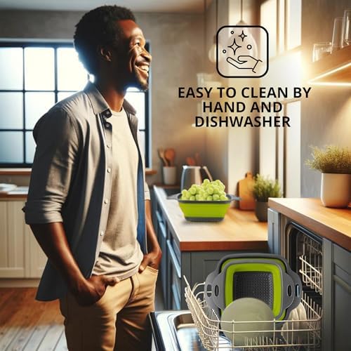 Square Collapsible Colander with Handles – Green Square Silicone Kitchen Strainers with Plastic Handles Foldable Kitchen Strainer Perfect for Draining Pasta Vegetable and Fruit Green