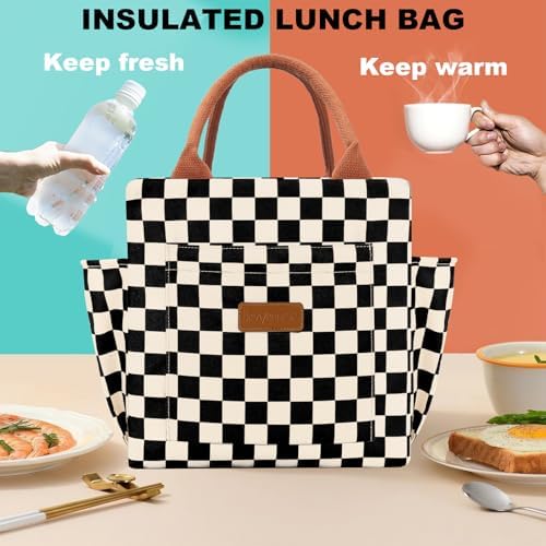 Joymee Lunch Bag Women, Reusable Leakproof Cooler Tote - Checker Black